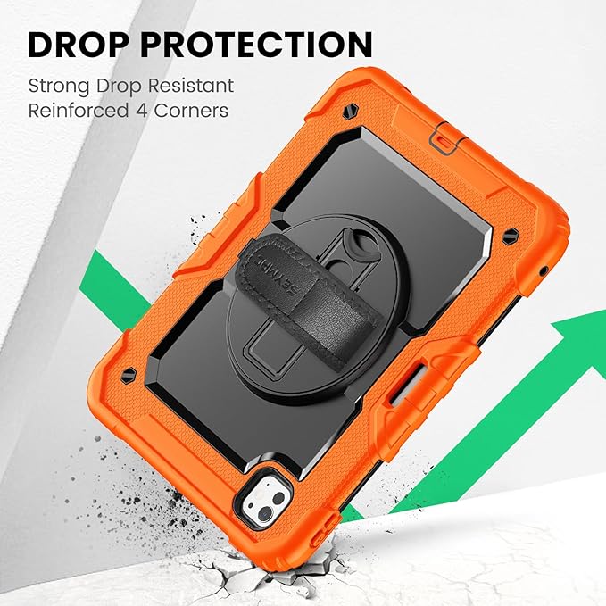 SEYMAC for iPad Pro 11 Inch Case M5 2025 / M4 2024, Heavy Duty Shockproof Protective Case with Screen Protector, 360° Rotating Stand, Hand/Shoulder Strap and Pen Holder, Orange