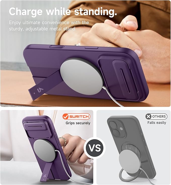 SURITCH for iPhone Air Case with Camera Control Cover, Camera Slide Cover and Adjustable Kickstand, Compatible with MagSafe, Shockproof Bumper Protective Cases for iPhone 17 Air 6.5 Inch, Dark Purple