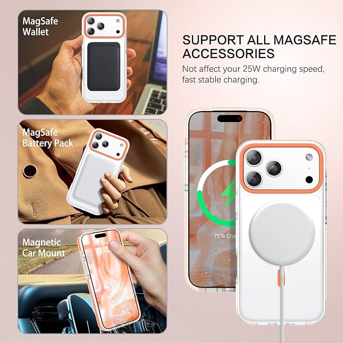 BENTOBEN Magnetic for iPhone 17 Pro Case 6.3", Compatible with Magsafe Military Shockproof Protective Cute Transparent Slim Anti-Yellowing Phone Case for iPhone 17 Pro Cover, Clear Orange