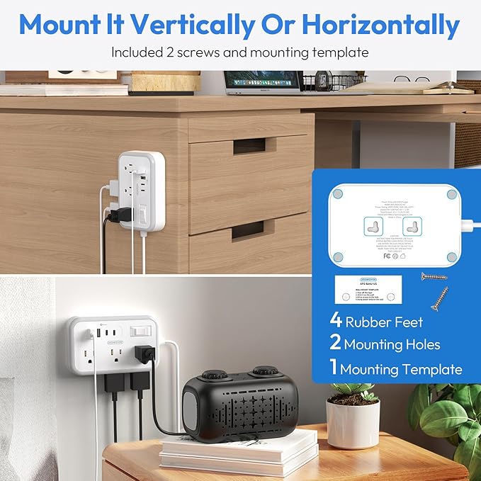 Power Strip 10 ft, Flat Plug Extension Cord with 6 Outlets 4 USB Ports, Outlet Extender Long Cord, Overload Protection, Extension Cord with Multiple Outlets for Indoor, Home, Office