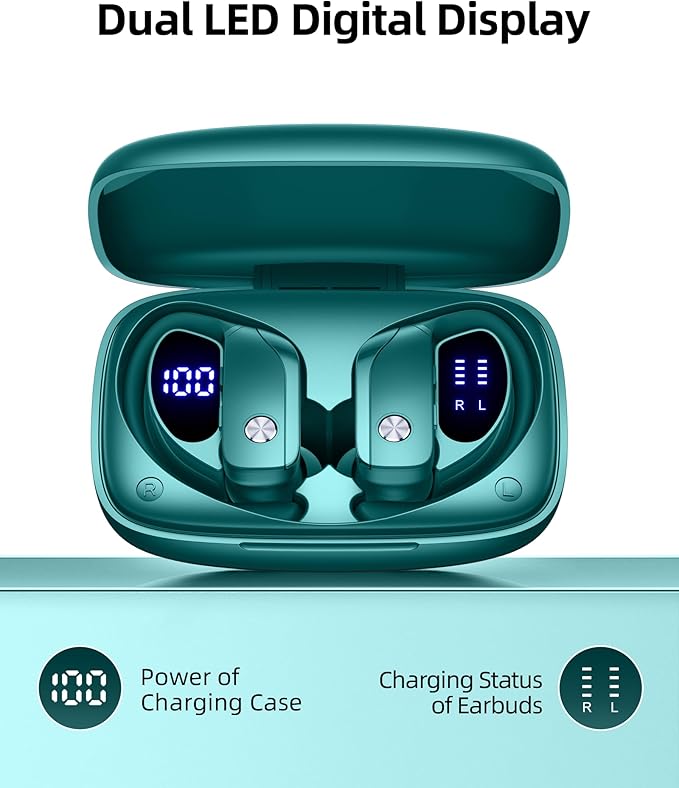 bmanl Wireless Earbuds Bluetooth Headphones Over Ear Hooks Ear Buds with 80H Playtime, LED Power Display, Dual Mic Clear Calls, Sports Wireless Ear Buds Bluetooth Earbuds for Running Gym Workout Green