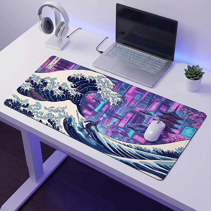 AQQA Cyberpunk Great Wave Gaming Mouse Pad - Japanese Aesthetic Large Desk Mat - XXL Extended Mousepad for Gamers, Neon Retro Wave City Art, Water-Resistant Non-Slip Rubber Base, 31.5"x15.7"
