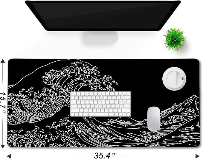 Large Gaming Mouse Pad, Waterproof Extra Large Big Mouse Pad with Stitched Edge, XXXL Non-Slip Black Computer Long Mousepad for Gamer, Office & Home, Wave Lines