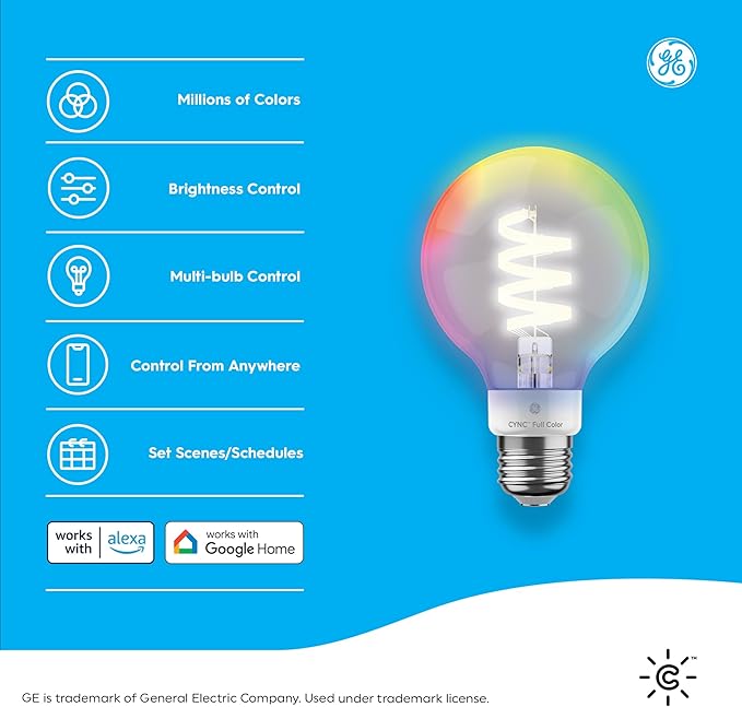 Cync GE Smart LED Light Bulbs, G25 Globe Bulb, Room Décor Aesthetic, Color Changing Light Bulbs, 60W Equivalent, Works with Amazon Alexa and Google Home (2 Pack)