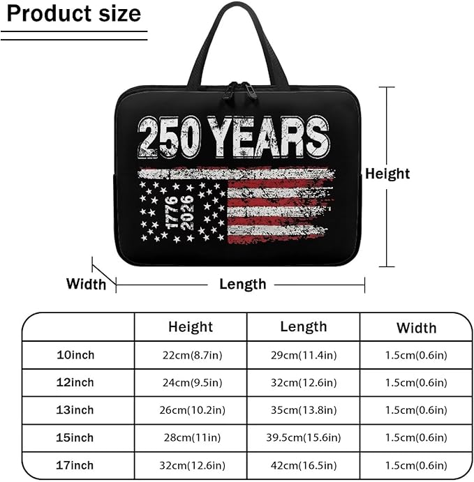 17 Inch Laptop Sleeve American Flag USA 250 Years Laptop Cover Computer Bag Tablet Carrying Case with Handle Tote Bags Notebook Sleeves Handbag Messenger Briefcase for 4th of July Decor