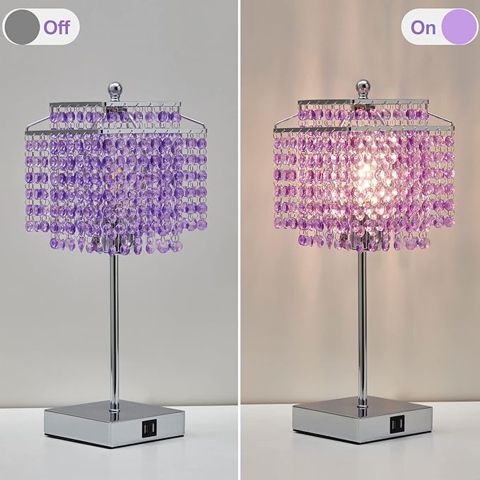 Luvkczc Crystal Table Lamp, Touch Lamp with USB C+A Ports, Dimmable Lamp with Crystal Shade, Purple Nightstand Lamp for Girl Bedroom, Living Room, Bulb Included