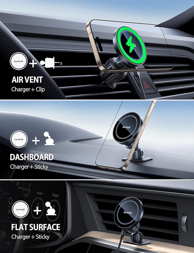 Lamicall 15W for MagSafe Car Mount Charger - [20X Strong Magnets] Wireless Car Phone Holder Charger, Magnetic Phone Holders for Car Vent Dash Accessories for Women Men for iPhone 17 Pro Max Black