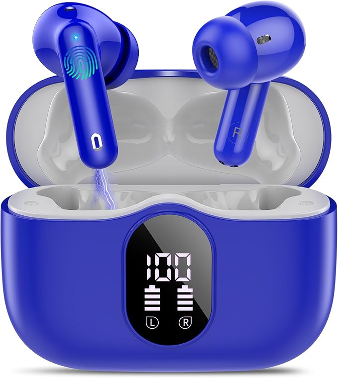 Btootos Wireless Earbuds, Bluetooth 5.4 Headphones Bass Stereo, Ear Buds with Noise Cancelling Mic, IP7 Waterproof in Ear Earphones, 36H LED Display Bluetooth Earbuds for Laptop Pad Phones, Navy Blue