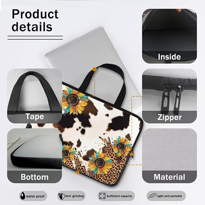 Cow Print Sunflower Laptop Sleeves & Cases, Laptop Tote Bag with Handle, Men Women School Travel Business Computer Carrying Bag for 10" 12" 13" 15" 17 inch Tablet/Notebook/Reader