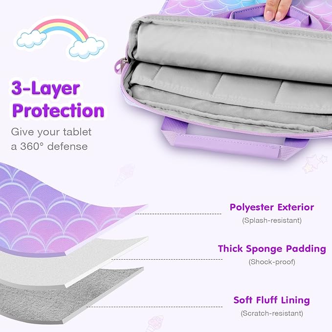 MoKo 10-12.5 Inch Kids Tablet Sleeve Carrying Case for Fire HD 10 13th/11th Gen, Fire HD 8/7 Kids 2022, Tablet Bag with Shoulder Strap for 10/10.1" Android 12/13, Rainbow & Unicorn, Mermaid-Purple