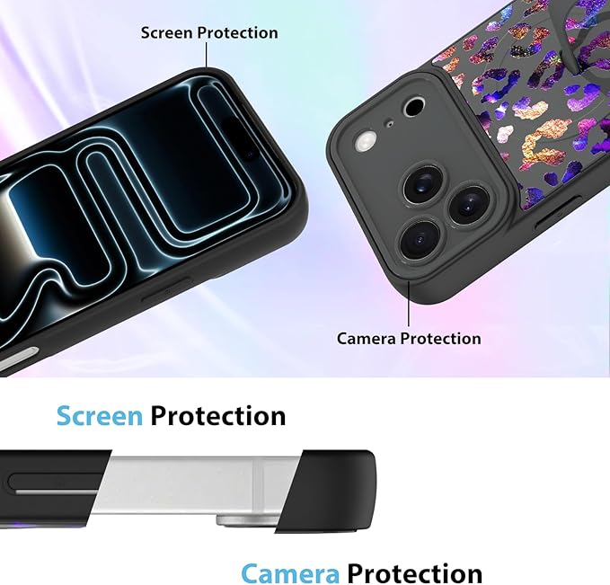 KANGHAR Compatible with iPhone 17 Pro Max Case, Support for MagSafe, Silicone Cute Iridescent Leopard Cheetah Pattern, Wristband Kickstand Shockproof Protective Slim Cover for Women Girls, Black