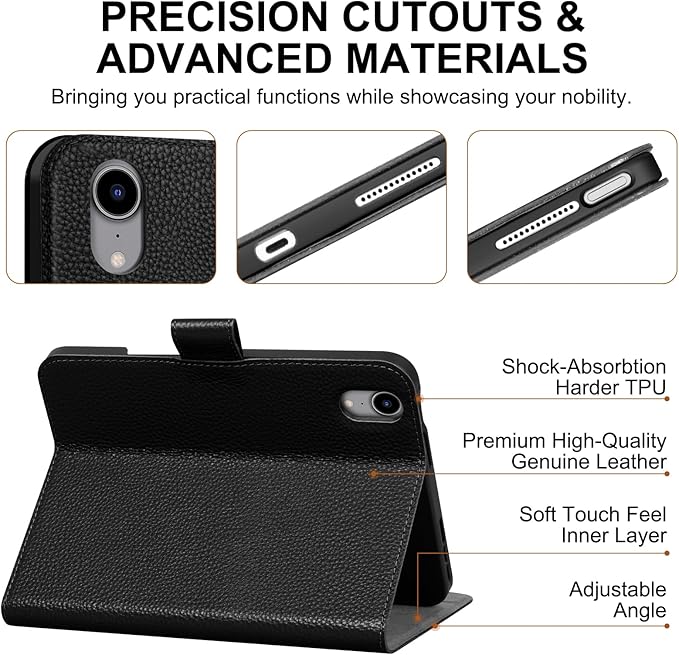 Genuine Leather Case for iPad mini 7th/6th Gen 8.3 Inch 2024/2021 | with Pencil Holder and Adjustable Stand, Magnetic Closure, Auto Wake/Sleep Cover | Black