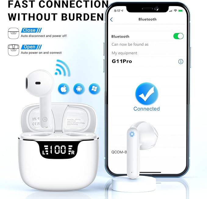 Wireless Earbuds, Bluetooth 5.4 Headphones with 42H Ultralight Ear Buds,Bluetooth Earbuds with 4 ENC Noise Cancelling Mics, HiFi Deep Bass Dual LED Display USB-C, Waterproof Earphones for Android iOS