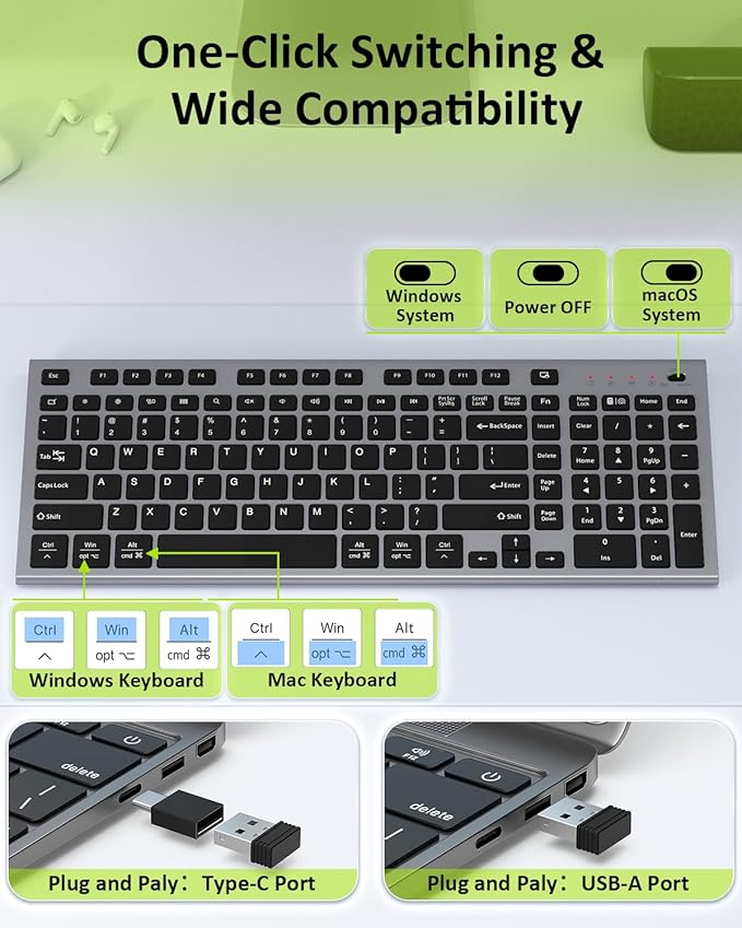 FENIFOX Wireless Silent Keyboard, Ultra Quiet USB C Low Profile Compact Full Size with Number Pad Flat Slim Thin Soft Touch for Mac Computer MacBook iMac PC Laptop Desktop Office (Black and Grey)