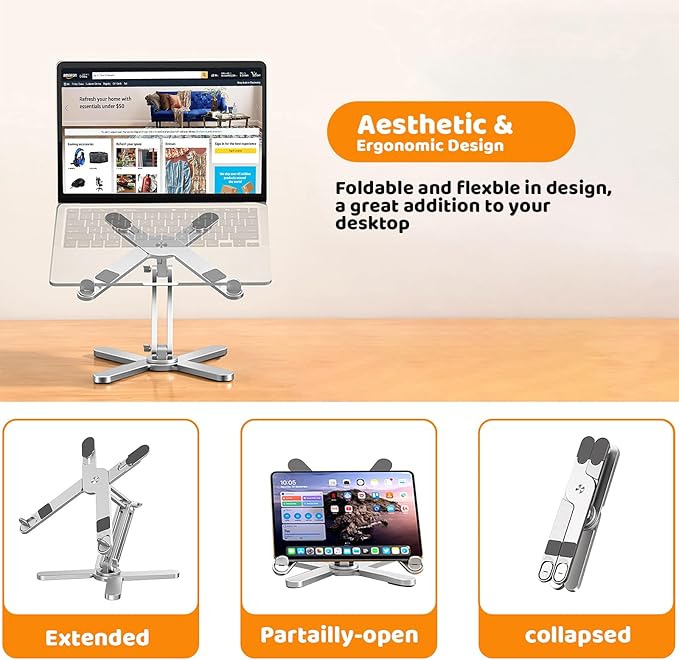 Moallia Laptop Stand with 360 Rotating Base, Computer Notebook Laptop Riser Metal Holder for Desk Collaborative Work, Fully Foldable for Easy Storage, Fits All MacBook, Laptops up to 16 inches
