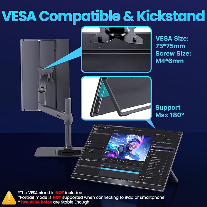 Upperizon Portable Monitor 16 inch 2K QHD 2560X1600 145% sRGB 240 Hz HDR HDMI USB-C Travel Monitor for Laptop MacBook PC Surface PS5 Xbox, External Display with Kickstand & Speakers, VESA Compatible