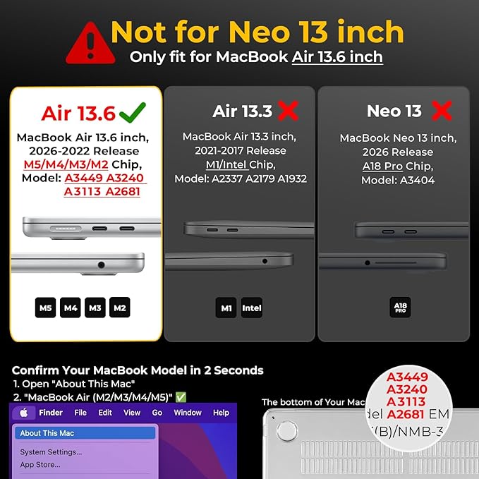 EooCoo Case Compatible with MacBook Air 13 inch M5 2026-2022 M4 M3 M2 A3449 A3240 A3113 A2681, Matte Hard Shell Scratch Resistant Protective Cover Compatible for MacBook Air 13.6 inch, Frost Midnight