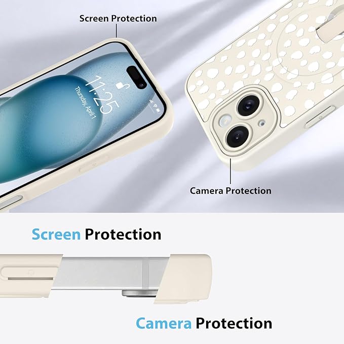 KANGHAR Compatible with iPhone 15 Case, Support for MagSafe, Silicone Speck Leopard Cute Pattern, Wristband Kickstand Camera Protection Soft Slim Cover for Girls Women -White