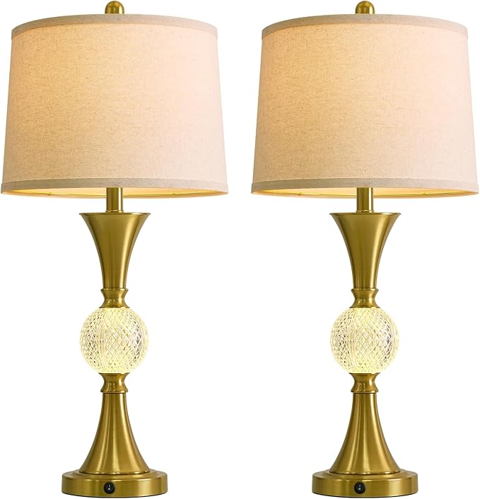 Oneach 28.5" Gold Table Lamps Set of 2, Tall Luxury Bedside Lamps with Night Light, USB A+C Charging Ports, Elegant Metal Nightstand Lamps for Bedroom Office End Table Decoration