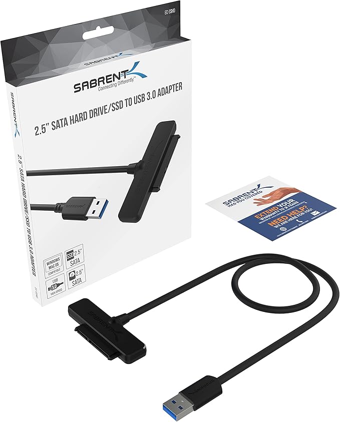 SABRENT USB 3.0 to 2.5” SATA Adapter Cable for SSD & Laptop HDD, UASP Support, 5Gbps Data Transfer, USB-Powered (No External Power), Compatible with SATA I/II/III Drives (EC-SSHD)