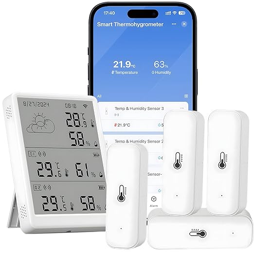 WiFi Thermometer Hygrometer Sensor, Temperature and Humidity Monitoring via app, 100m Range, Compatible with Alexa (4 sensors + basestation)