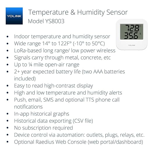 YoLink Smart Wireless Temperature & Humidity Sensor, 3-Pack, Wide Temp Range for Fridge, Green House, Pet Cage, App Alerts, Emails, Text/SMS alerts- Hub Required