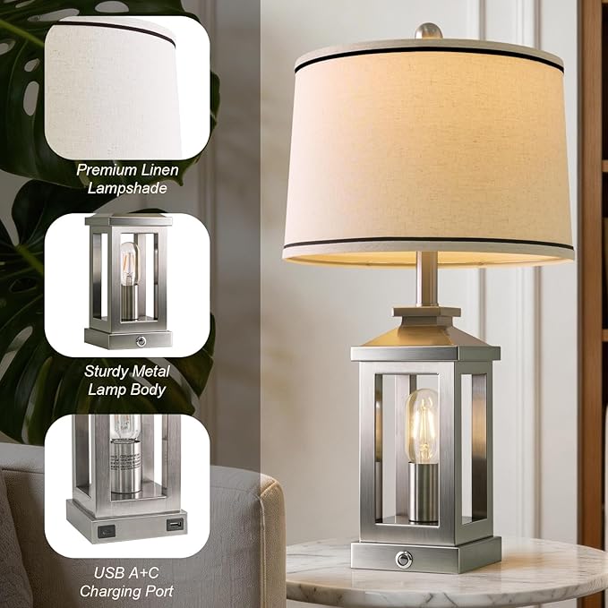 G-SAFAVA 24" Table Lamps for Living Room Bedroom Modern Metal Bedside Lamps Set of 2 Nightstand Lamp for Night Stands 3 Way Dimmable Touch Lamp with USB C+A Ports and 2 Light Sources, 4 Bulbs Includes