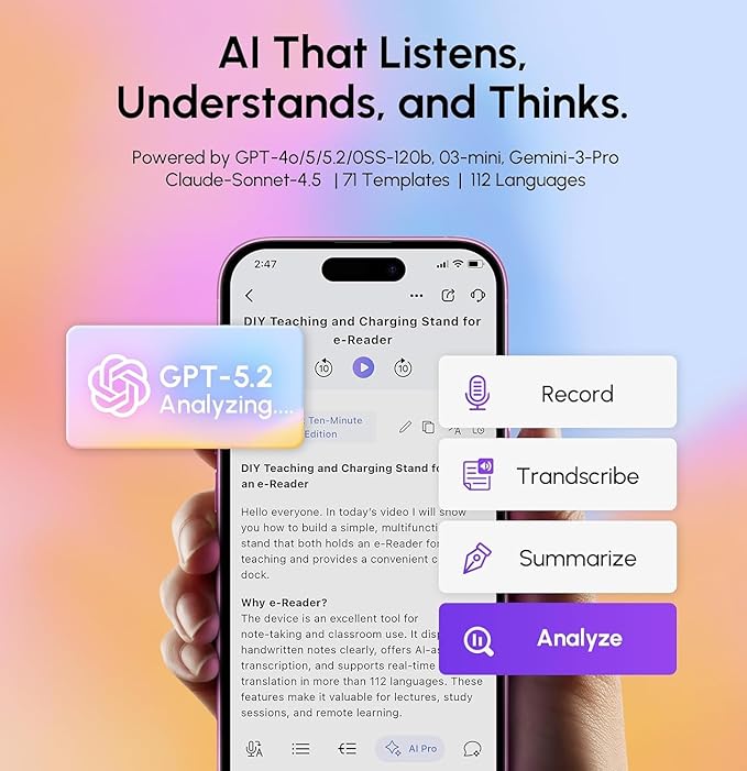 AI Voice Recorder & Transcriber with GPT-5.2 Analysis – 30-Hour Recording, 112-Language Speech-to-Text & Auto Summary for Meetings, Lectures & Interviews, Silver Grey