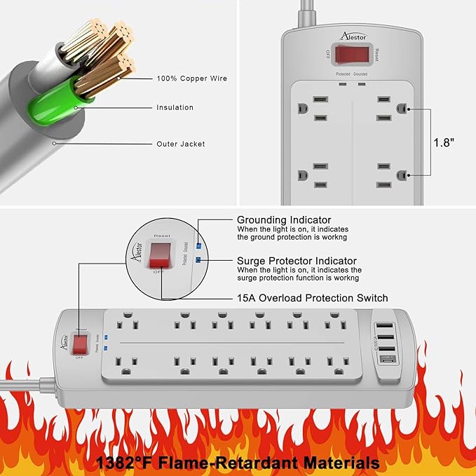 Power Strip, ALESTOR Surge Protector with 12 Outlets and 4 USB Ports, 6 Feet Extension Cord (1875W/15A), 2700 Joules, ETL Listed, Grey