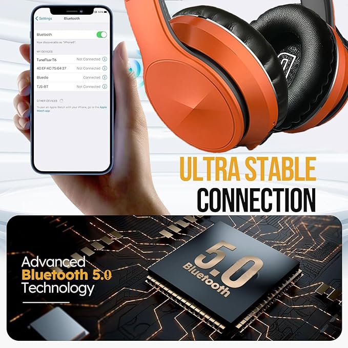 Active Noise Cancelling Headphones, Wireless Over Ear Bluetooth Headphones with Microphone Foldable Headphone with HiFi Audio Deep Bass for Home Travel Office Orange