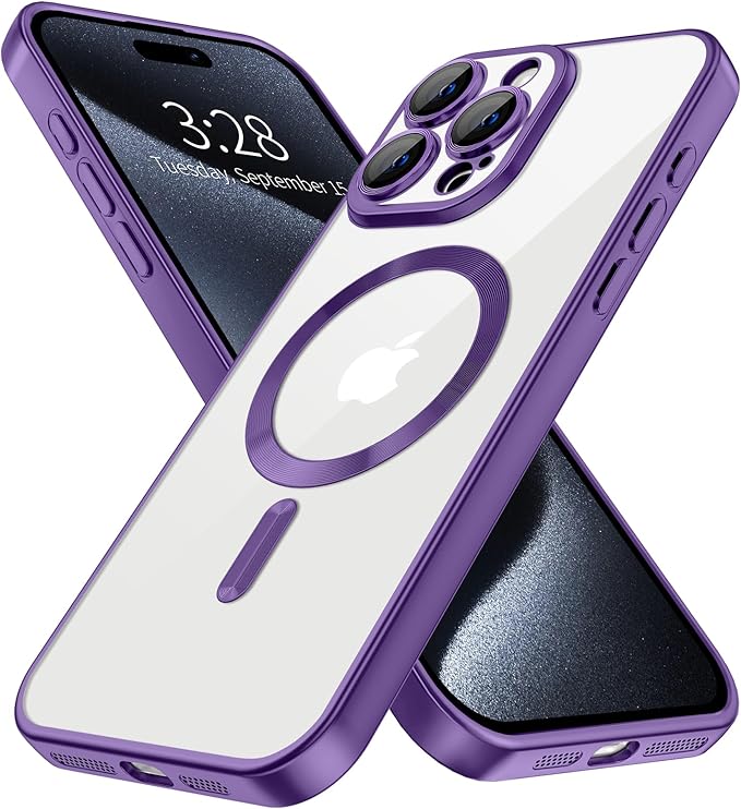 Hython Magnetic Clear for iPhone 15 Pro Case with Camera Lens Protector [Compatible with MagSafe] Luxury Plating Edge Slim Soft TPU Cover Protective Phone Case for iPhone 15 Pro 6.1", Matte Purple