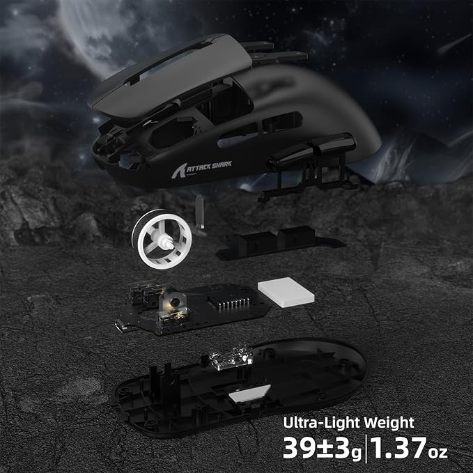 ATTACK SHARK R6 39g Superlight Wireless Gaming Mouse,PixArt PAW3950MAX 42000 DPI,MCU Nodic 52840 Computer Mouse,8K Polling Rate Web Driver,BT/2.4Ghz/Wired Tri-Mode Mice with Coiled Cable-Black