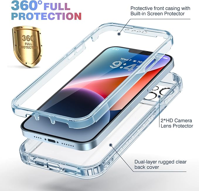 Diaclara Designed for iPhone 14 Case, Full Body Rugged Case with Built-in Touch Sensitive Anti-Scratch Screen Protector, with Camera Lens Protector for iPhone 14 6.1" (Clear Blue)