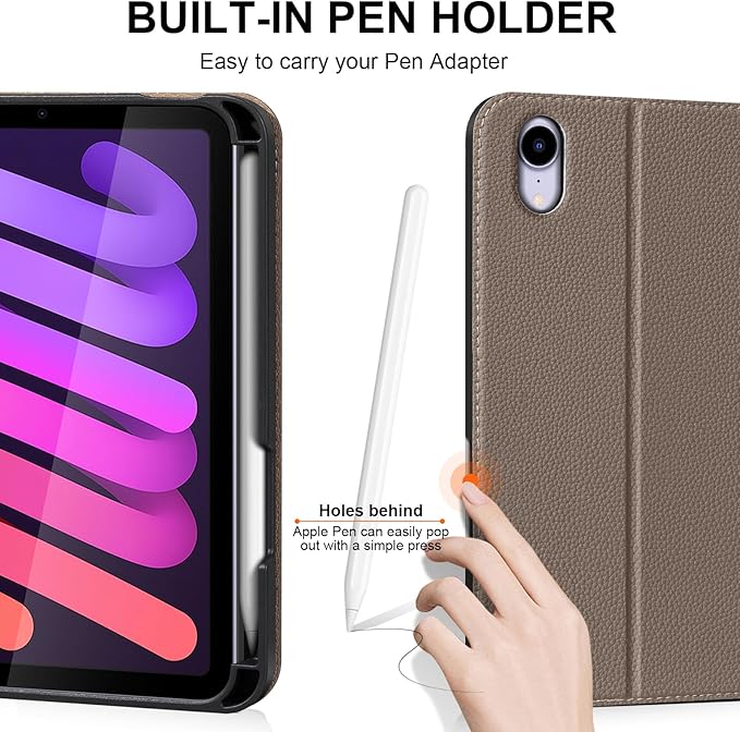 for iPad mini 7 (A17 Pro) 2024 iPad mini 6th Generation 2021 with Pencil Holder,Smart Leather Cover with Buckle, Protective, Auto Wake/Sleep, Adjustable Stand, Multiple View Angles,Gray Brown