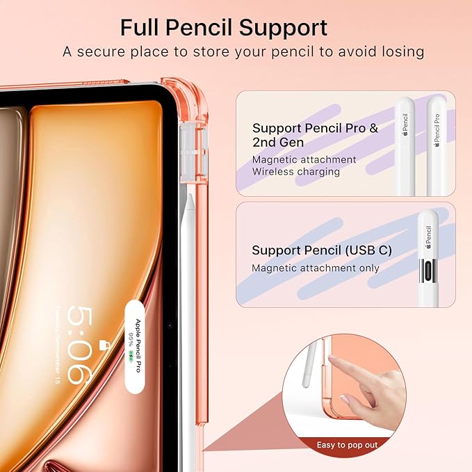 MoKo for iPad Air 11 inch Case (M4/M3/M2) 2026/2025/2024, iPad Air 5th/4th Gen 10.9 inch Case 2022/2020 with Pencil Holder, Slim Light Trifold Cover with Hard PC Translucent Back Shell, Orange