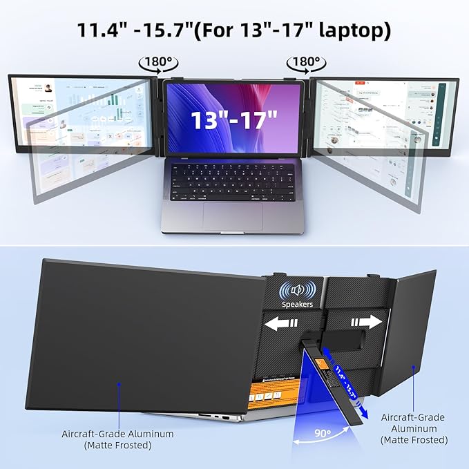 14" Triple Laptop Screen Extender - Ultra Thin & Lightweight (2.2lb) Portable Monitor For Laptop, FHD 1080P Travel Display 13-17" Laptops, Plug & Play USB-C/HDMI, Aluminum Extended Screen for Mac/Win