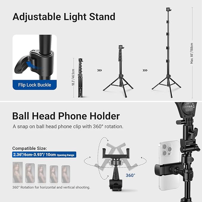 NEEWER ENTRY LEVEL VERSION 10.5" 10W Ring Light with 66" Tripod Stand, Overhead Phone Holder Mount Compatible with iPhone, Bi Color CRI85+ LED Selfie Lighting for TikTok Video Recording Streaming, N43