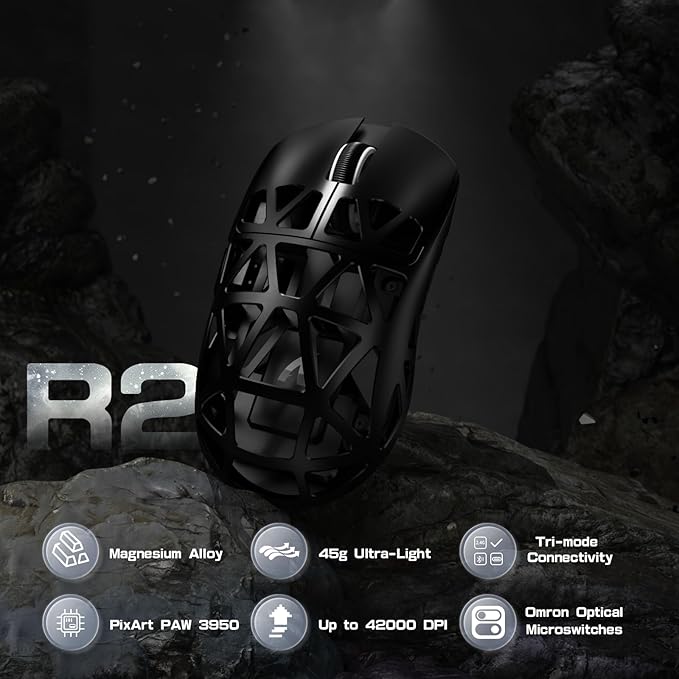 ATTACK SHARK R2PRO 45g Superlight Magnesium Alloy Mouse, PixArt PAW3950 Sensor, 42000DPI, 8000Hz Wireless Polling Rate, 2.4G/BT/Wired Gaming Mouse, Programmable Mice with Coiled Cable, PC/Mac, Black