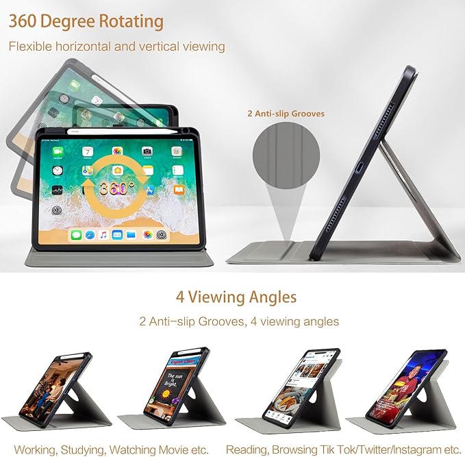 Vimorco for iPad Air 11 Inch Case M4 2026,for iPad Air 5th/4th Gen Cases 10.9-inch,for iPad Pro 11 Inch Case 4th/3rd/2nd/1st Generation 360 Degree Rotating Pencil Holder 4 Viewing Angles, Black Flower
