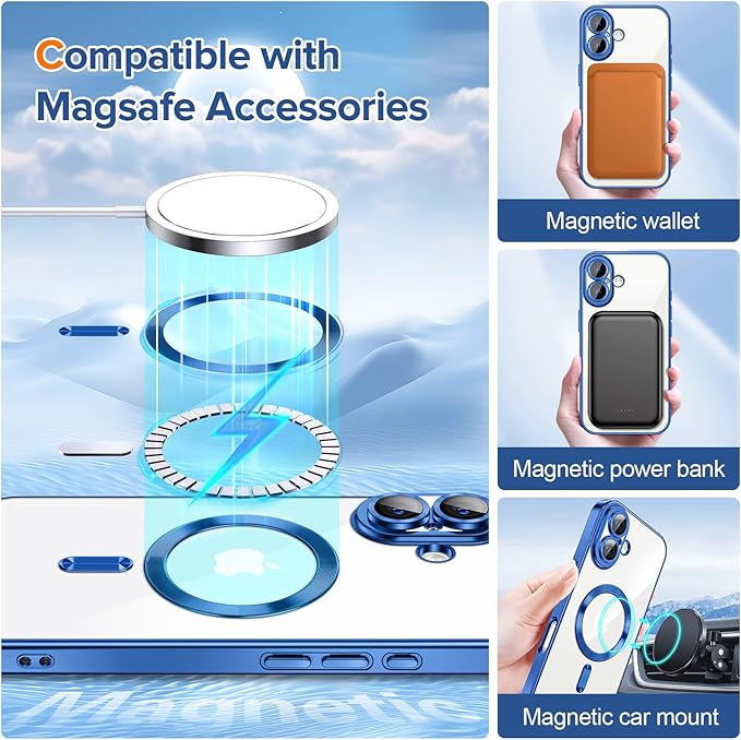 Hython Magnetic Clear for iPhone 16 Plus Case with Camera Lens Protector [Compatible with MagSafe] Luxury Plating Edge Slim Soft TPU Cover Protective Phone Case for iPhone 16 Plus 6.7", Deep Blue