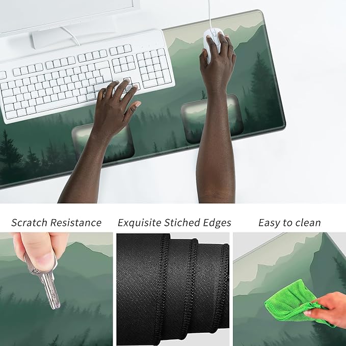 Wrist Elbow Support Arm Rest Desk Mouse Pad Set,Large Mouse Pad + 2 Elbow Rest Pad + Coaster,(31.5×11.8 in) Ergonomic Memory Foam for Office,Gaming,Computer,Laptop-Fog Forest