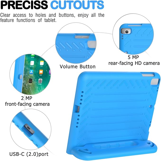 AVAWO Kids Case for iPad 9.7 inch (2018/2017 Model) 6th/5th Generation, iPad Air 2 Cover with Built-in Screen Protector, Durable Lightweight Shockproof Handle Stand for Toddlers, Blue