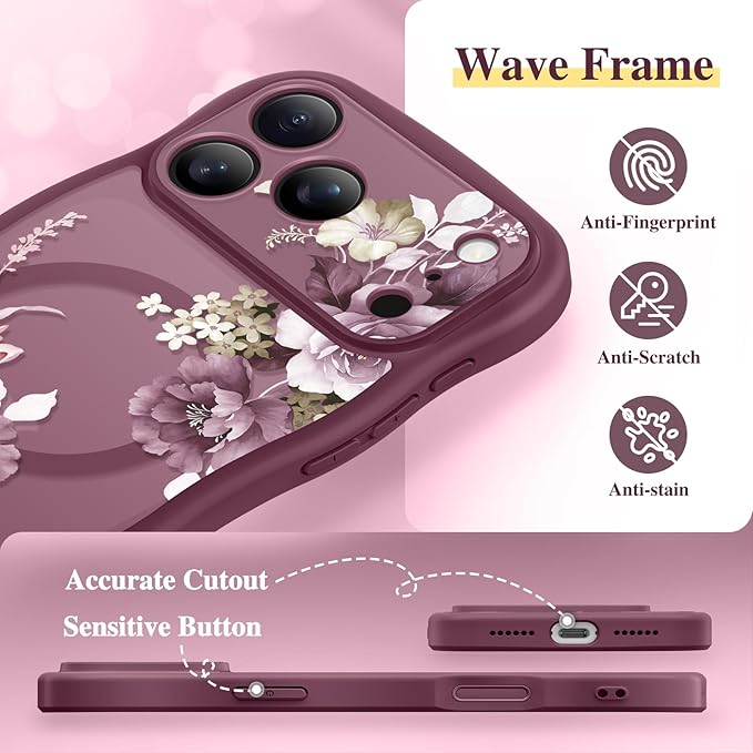 GVIEWIN for iPhone 17 Pro Case Compatible with MagSafe [Curly Wave Edge][Full Camera Protection]Floral Translucent Shockproof Magnetic Women Phone Case for iPhone 17 Pro 6.3'',Cherry Blossoms/Burgundy
