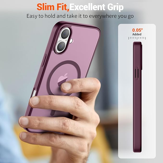 SUPFINE Magnetic for iPhone 16 Case (Compatible with MagSafe) (Military Grade Drop Protection) Slim Translucent Matte Shockproof with Anti-Fingerprint Phone Case,Wine Red