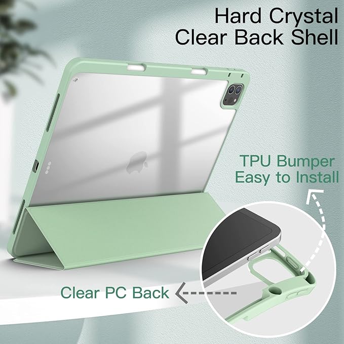 JETech Case for iPad Pro 12.9-Inch (2022/2021/2020/2018) with Pencil Holder, Clear Transparent Back Shell Slim Stand Shockproof Tablet Cover, Auto Wake/Sleep (Matcha Green)