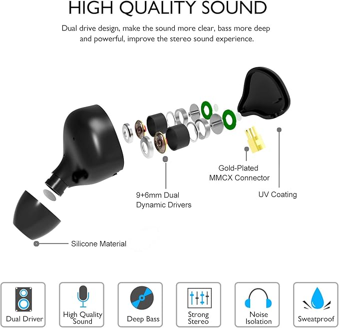 in Ear Monitor Headphones, HiFi Stereo IEM Earphones, Dynamic Dual Driver Wired Earbuds with Detachable Cable, Noise Canceling Headset for Singers Musicians Drummers Audiophile (Blue, No Mic)