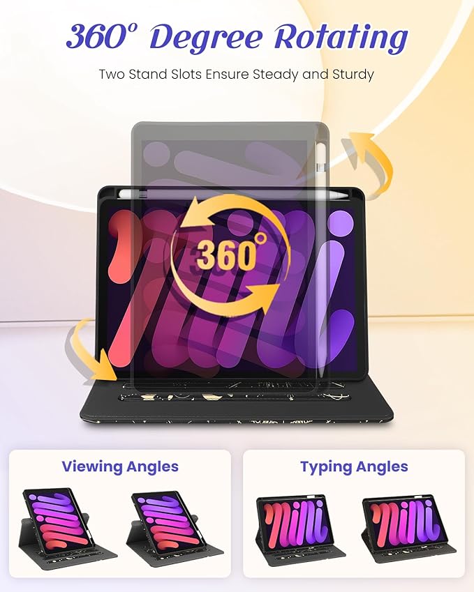 Kidcube for iPad mini 7 Case A17 Pro 2024, for iPad mini 6th Generation Case 8.3 Inch - Women Girls Cute Rotating Stand Folio Cover with Pencil Holder & Card Slot Girly Sun Moon Stars Teens Cover