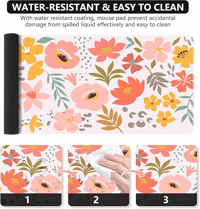 iCasso Desk Matt for Desktop, Cute Desk Pad Mat, XXL Large Mouse Pad, Anti-Slip Big Mousepad with Stitched Edges, Keyboard Pad Mouse Mat for Computer, Work, Gaming (Flowers Leaves)