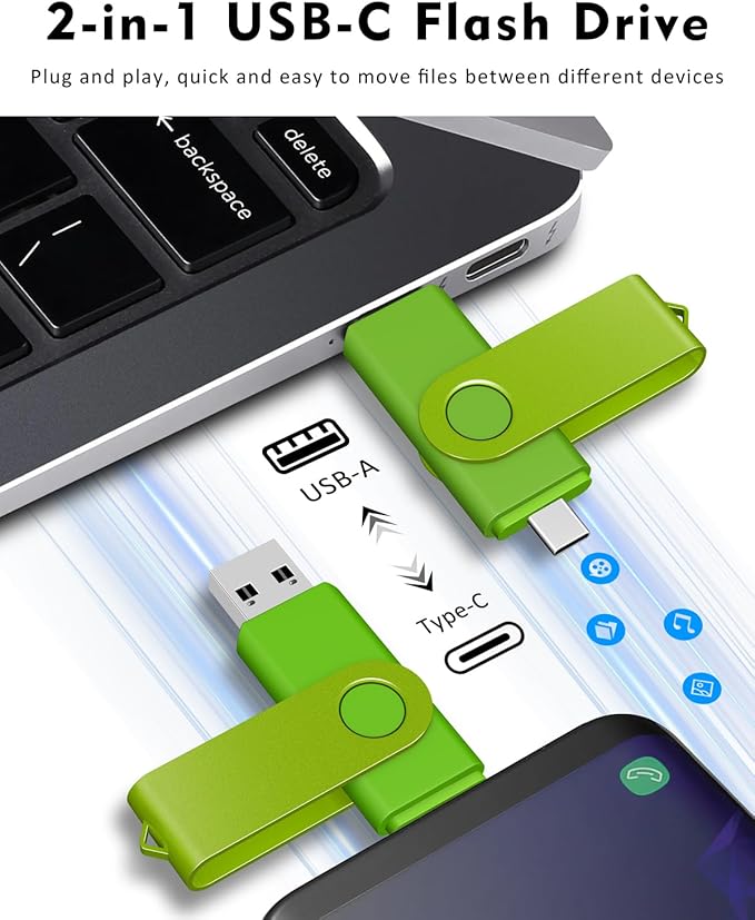 AreTop 64GB USB C Thumb Drive Dual USB 2.0 Flash Drive 64GB USB Drive Swivel Design 2-in-1 Portable Type-C Memory Stick for Android Smartphone, Computers, MacBook, Tablets, PC, 1 Pack (Green)