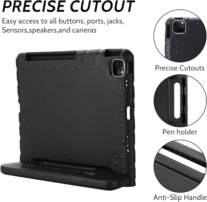 Dteck Kids Case for iPad Air 11" M2 2024, iPad Pro 11" Case 2024, Lightweight Shockproof Rugged EVA Kids Friendly Handle Kickstand Child Proof Protective Case with Pencil Holder, Black